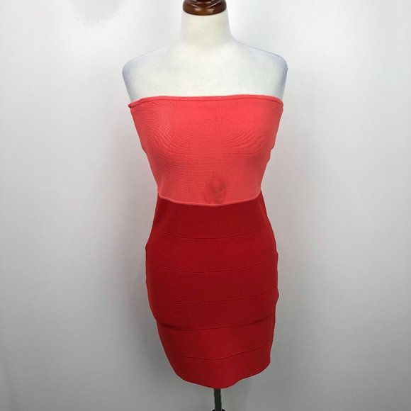 BCBG MaxAzaria Red Pink Strapless Midi Dress - Picture 1 of 7